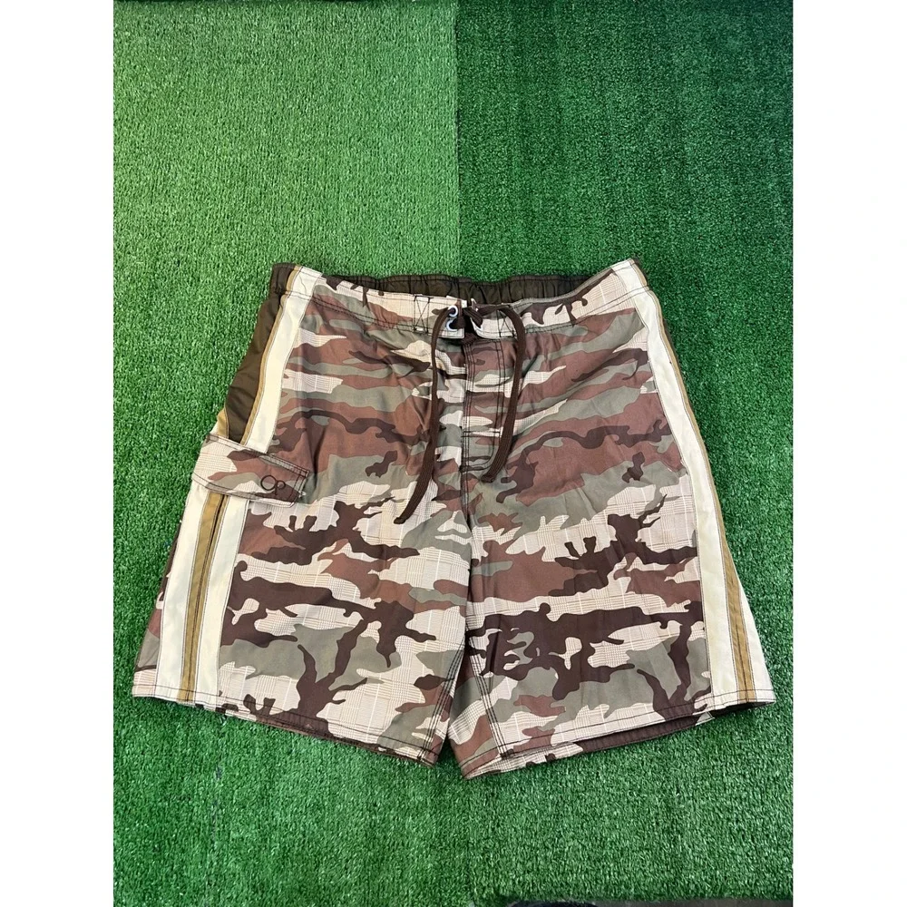 Ocean Pacific Mens Camo Plaid Board Shorts Brown Cargo Swim Trunks Size 36 1325